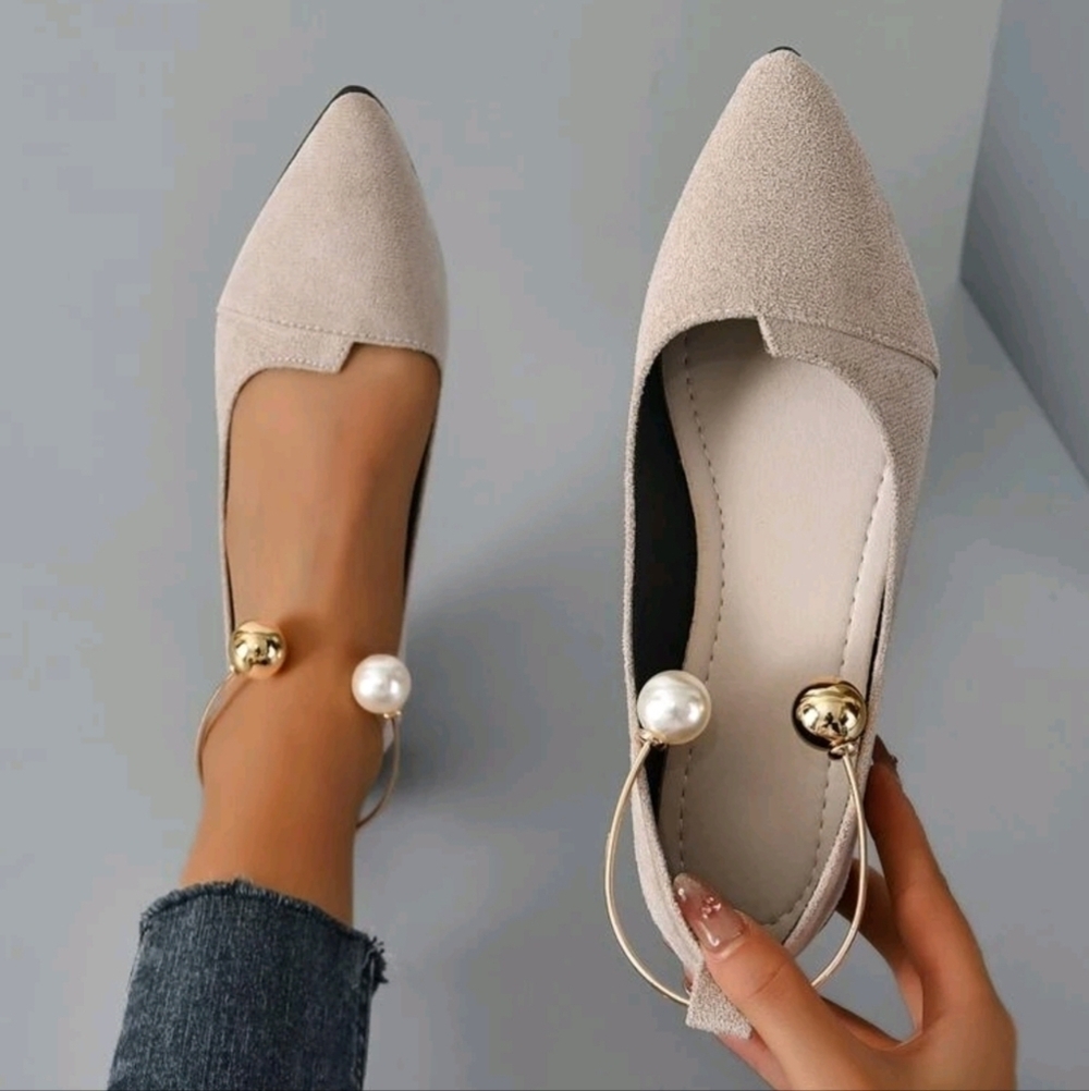Women Faux Pearl Decor Point Toe Ankle Strap Flats,